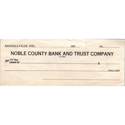1930s The Noble County Bank Check Kendallville IN AD8
