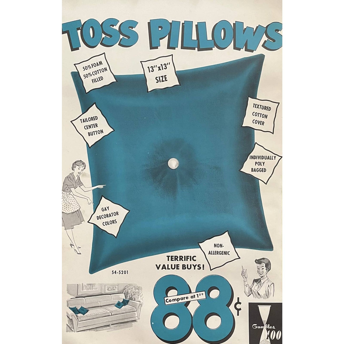 1960 Toss Pillows Gambles 100 Retail Store Display Advertising Poster 13.5x20