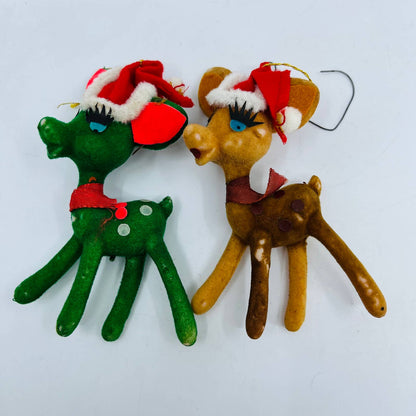 Vintage Celluloid Felt Flocked Santa Deer Christmas Tree Ornament 4" Set 2 TD2-2