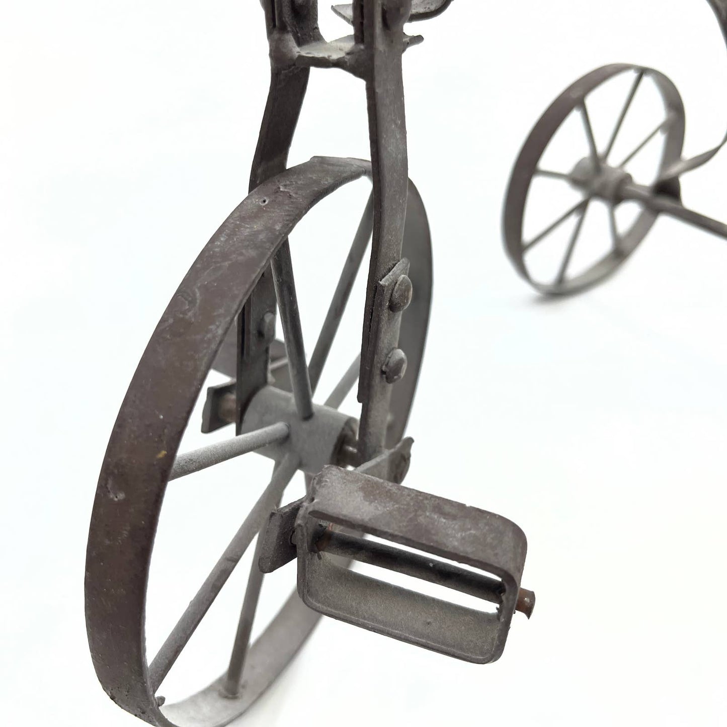 Vintage Hand Crafted Metal Wrought Iron Wood Tricycle Sculpture Toy Doll 12x9