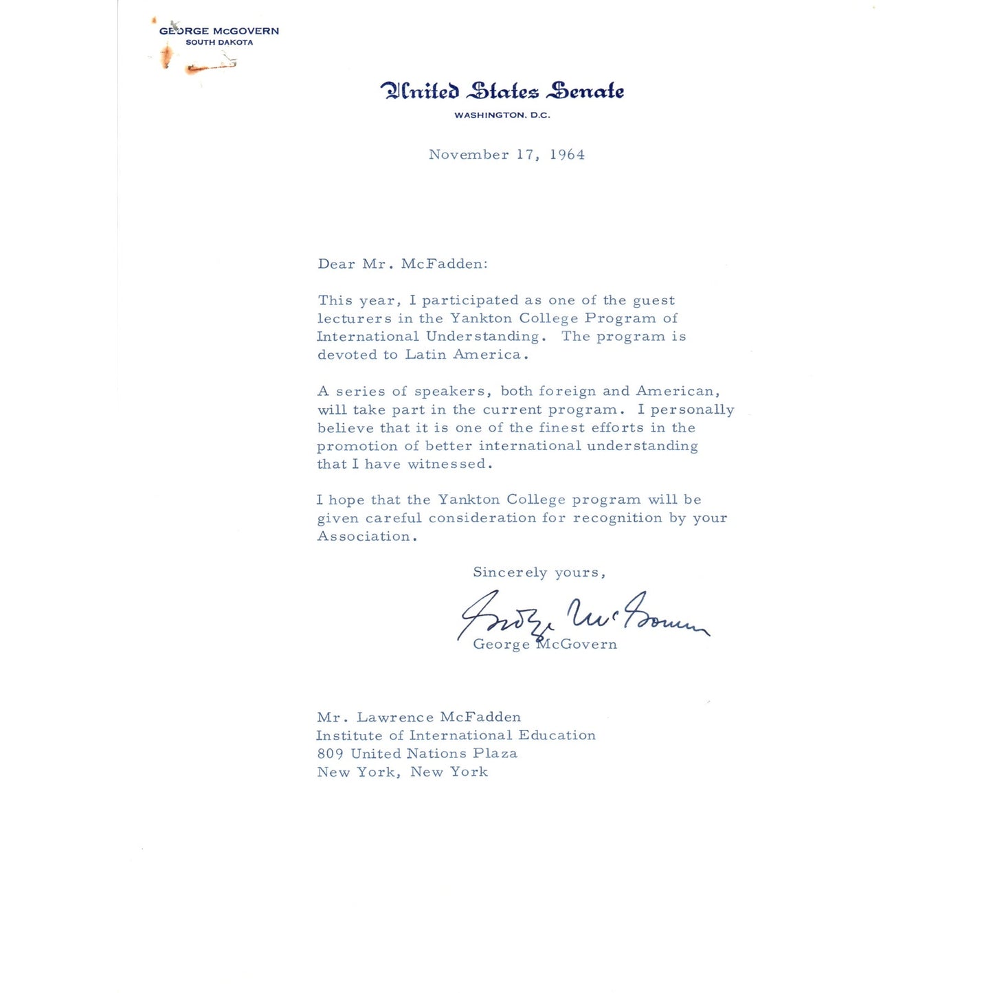 South Dakota Senator George McGovern Official Letterhead Signed Nov 1964 B12