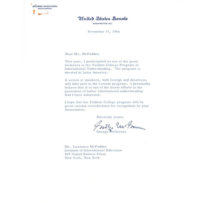 South Dakota Senator George McGovern Official Letterhead Signed Nov 1964 B12