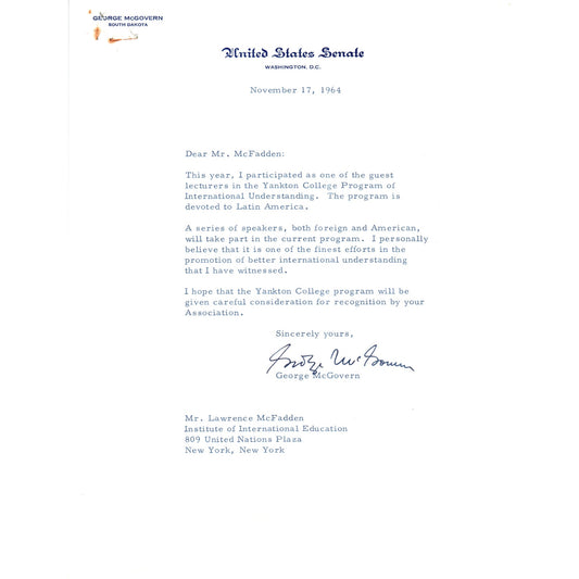 South Dakota Senator George McGovern Official Letterhead Signed Nov 1964 B12