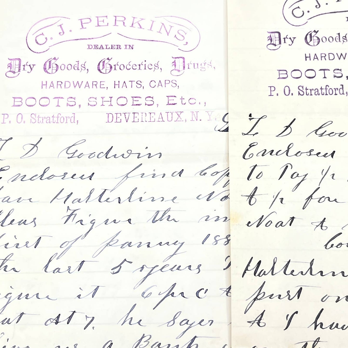 1886 C.J. Perkins Dry Goods Letterhead Stratford Devreaux NY Set of 3 AB9-1