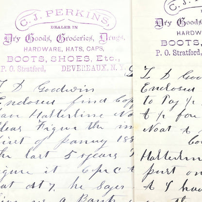 1886 C.J. Perkins Dry Goods Letterhead Stratford Devreaux NY Set of 3 AB9-1