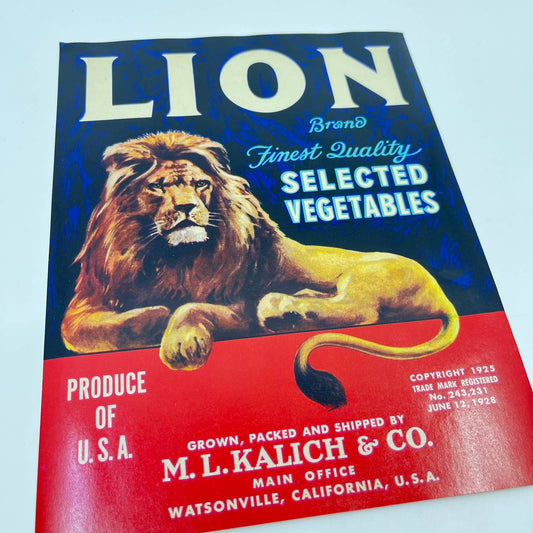 1928 Crate Label Lion Brand Selected Vegetables M.L. Kalich Watsonville, CA FL3