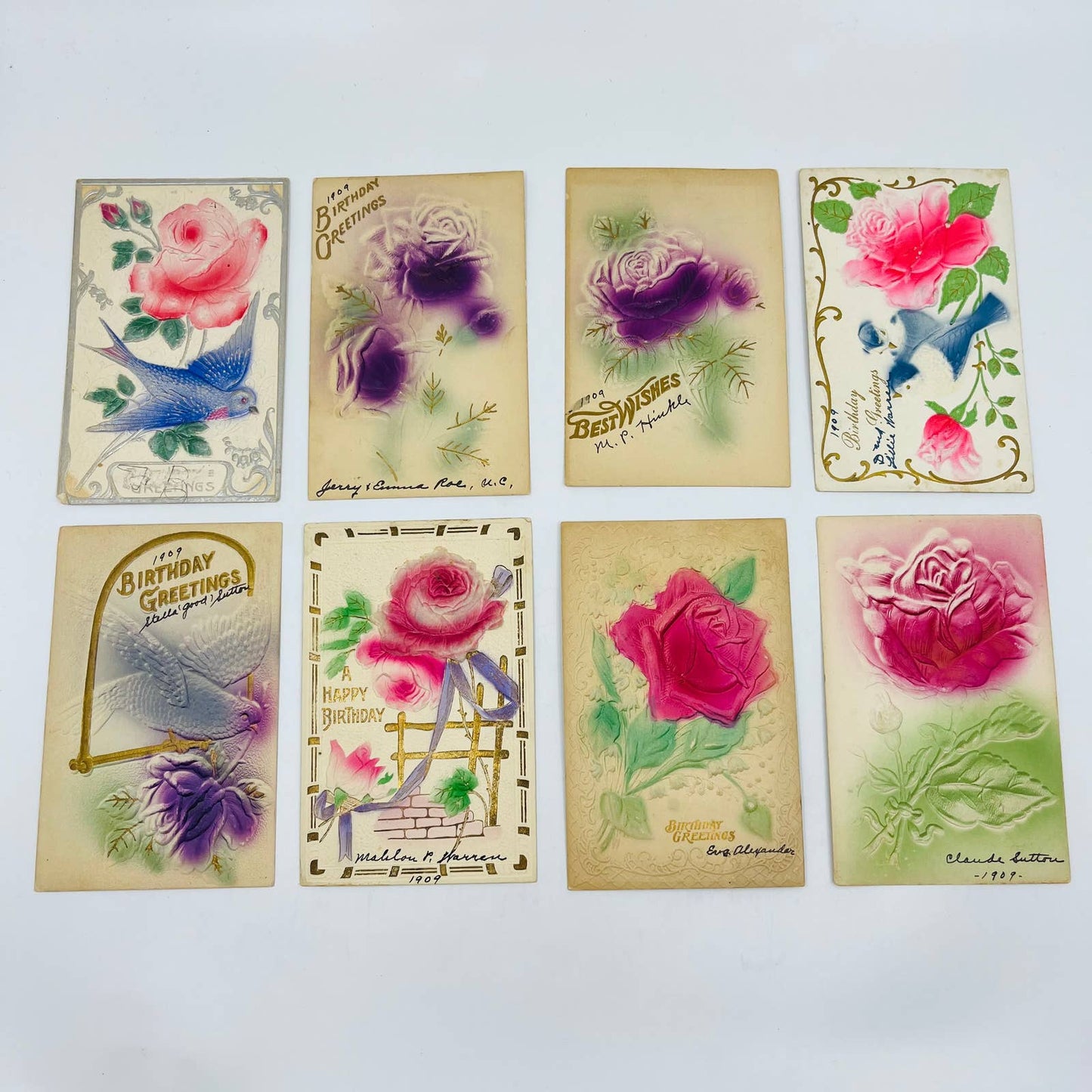 1910s Birthday Post Card Lot of 8 Airbrushed Floral Flower Embossed Cards TD1-AB