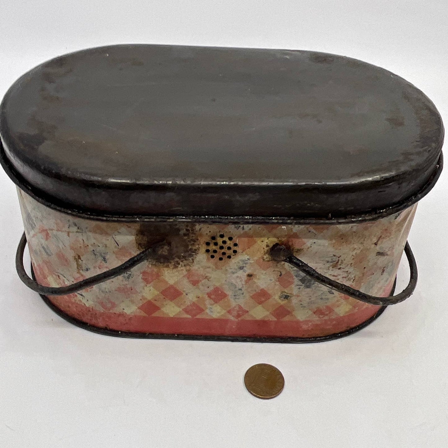 Antique PLAID Red & White Tin Oval Lunch Box Great Patina 8x5 TH5