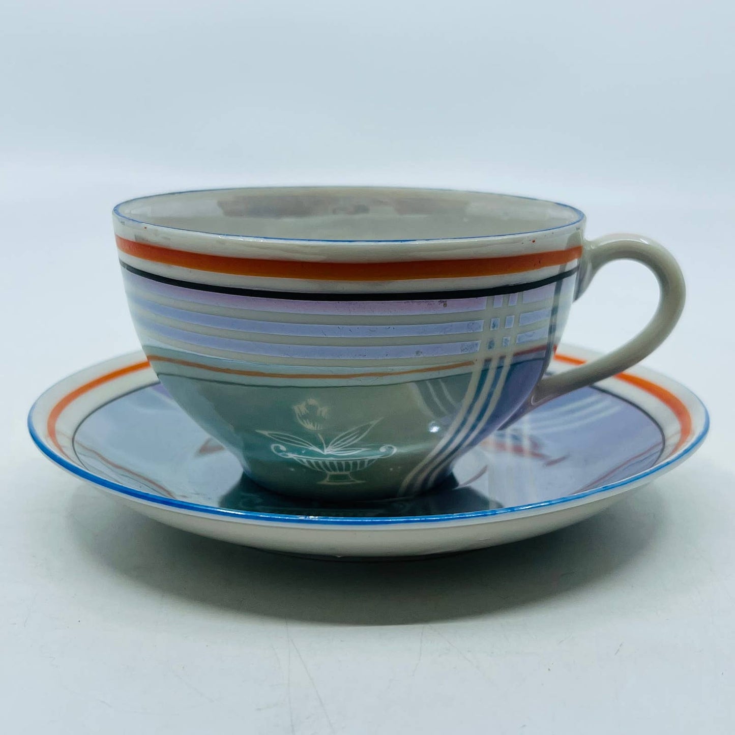 Vtg RARE Japanese Iridescent Opal Lusterware Blue Stripe Cup and Saucer Set TC5