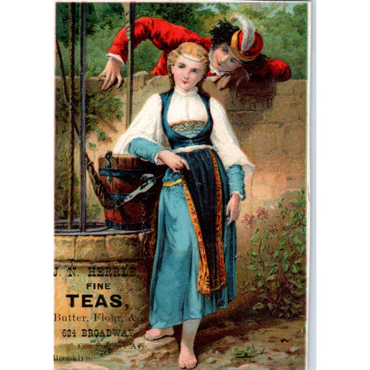 1880s Victorian Trade Card JN Herrle Fine Teas The Talking Well Brooklyn NY SE4