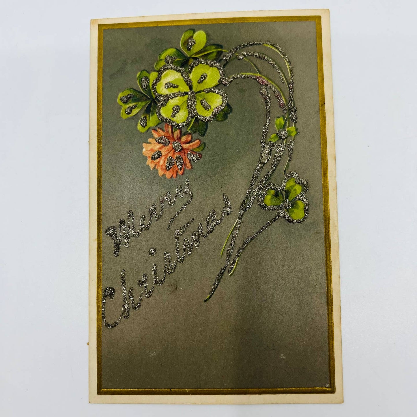 1910s Christmas Post Card Embossed Mica Shamrock Flower Gilt PA4