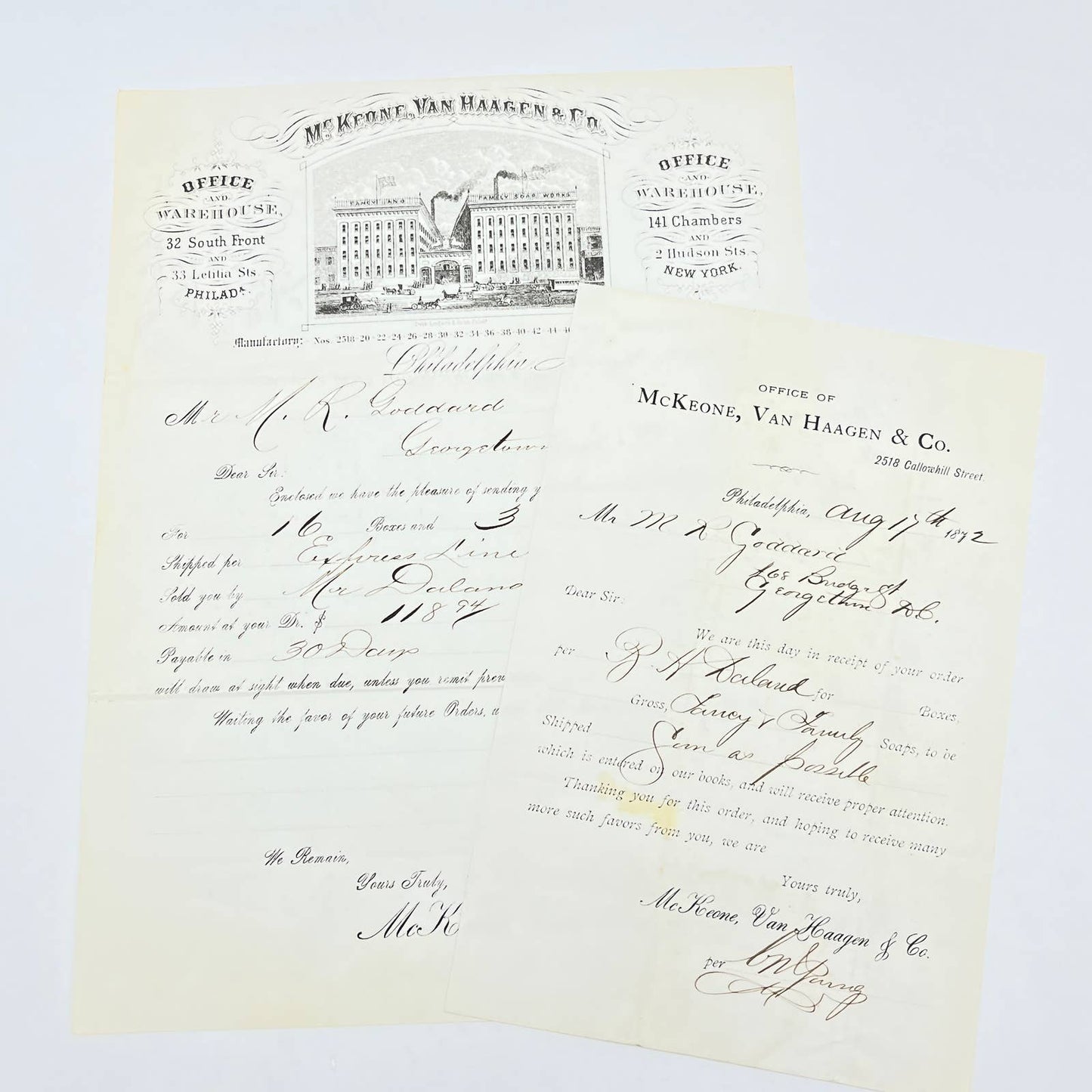 1872 Letterhead PO McKeone, Van Haagen & Co PA to M.R. Goddard Georgetown AC2