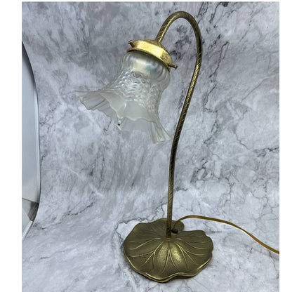 Vtg MCM Brass Goose Neck Pond Lily Pad Table Desk Lamp Frosted Glass 14" WORKS