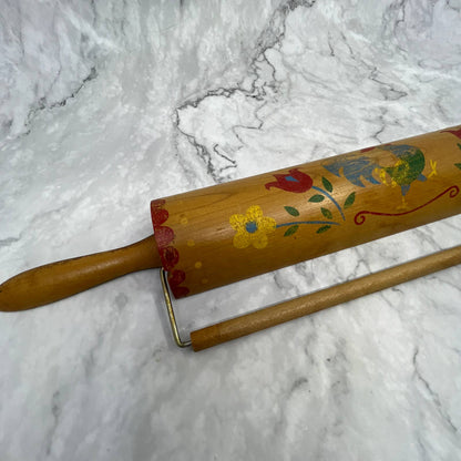 VTG Kitsch Rooster Wood Rolling Pin Kitchen Towel Holder Hand Painted 19" TI7