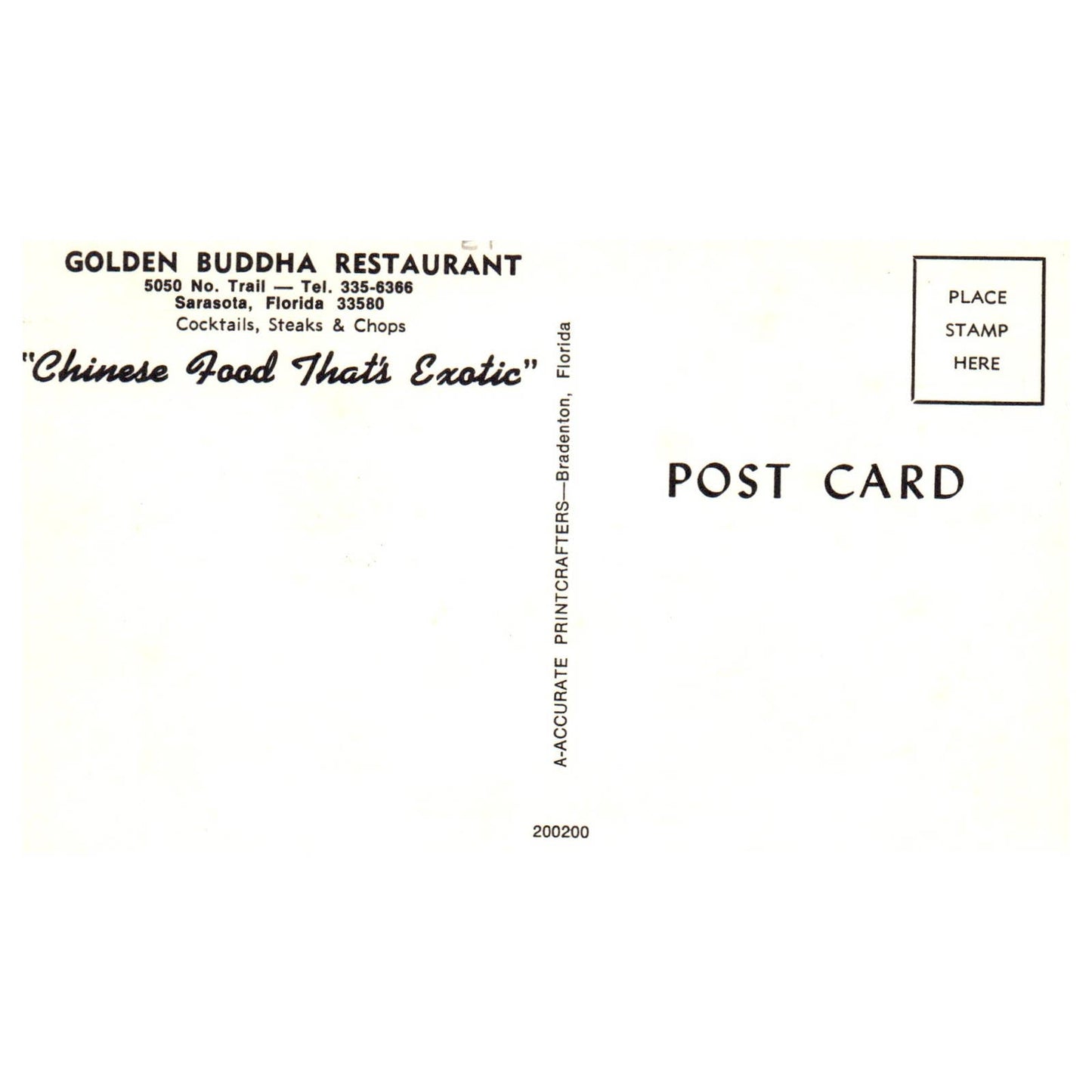 Vintage Postcard - Golden Buddha Restaurant Sarasota Florida TJ6-1