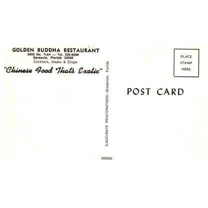 Vintage Postcard - Golden Buddha Restaurant Sarasota Florida TJ6-1