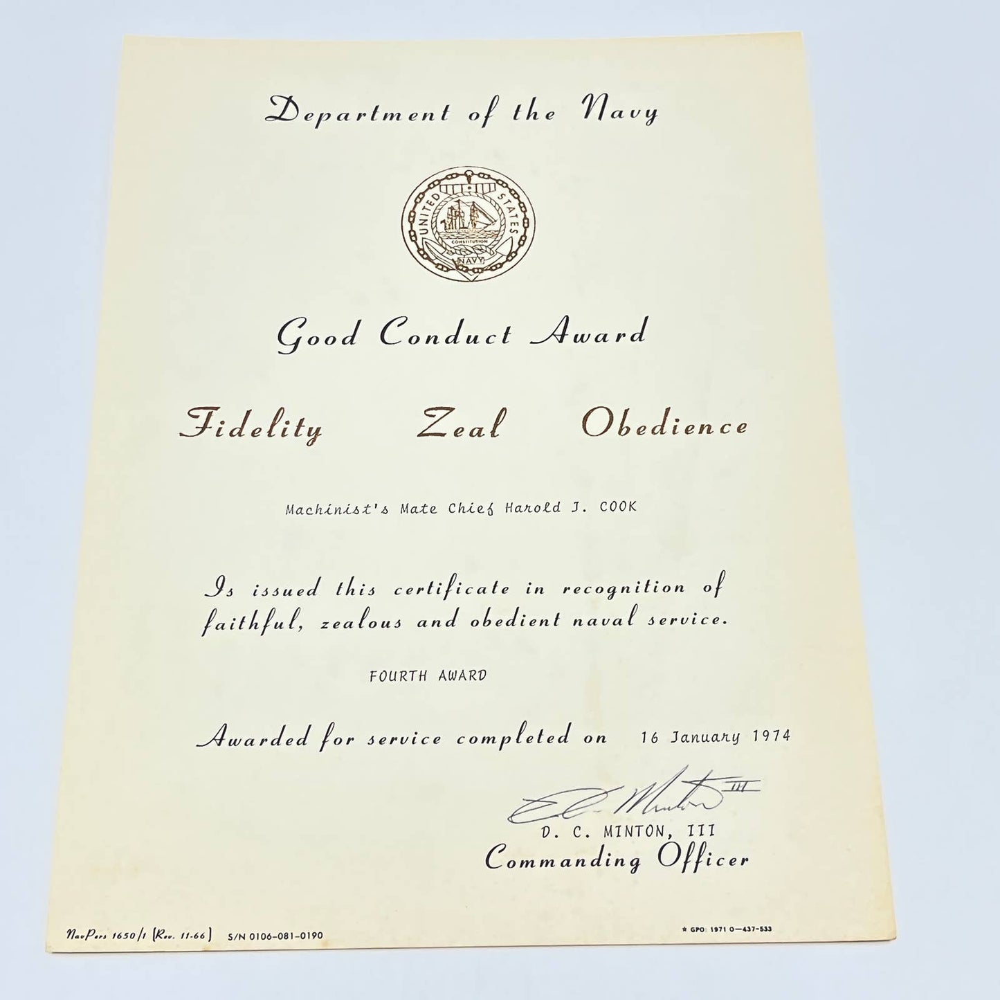 1974 US Navy Good Conduct Award Machinist Mate Chief Harold J Cook AB8