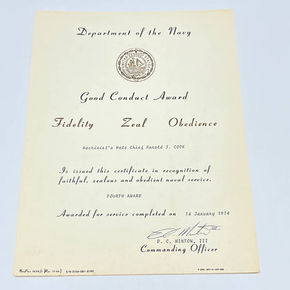 1974 US Navy Good Conduct Award Machinist Mate Chief Harold J Cook AB8