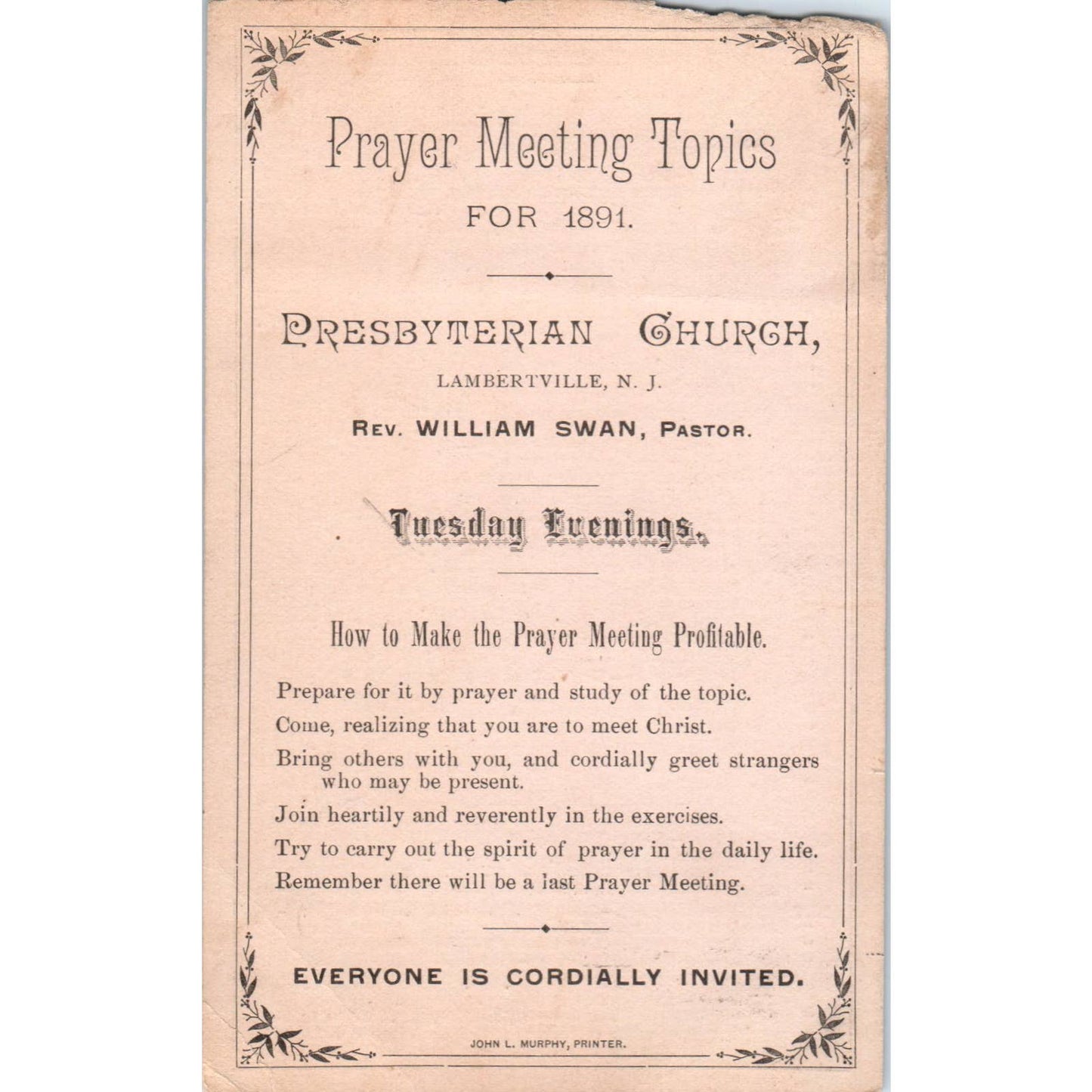 1891 Prayer Meeting Invitation - Lambertville NJ Church Rev William Swan SE3-3