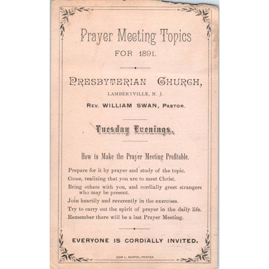 1891 Prayer Meeting Invitation - Lambertville NJ Church Rev William Swan SE3-3