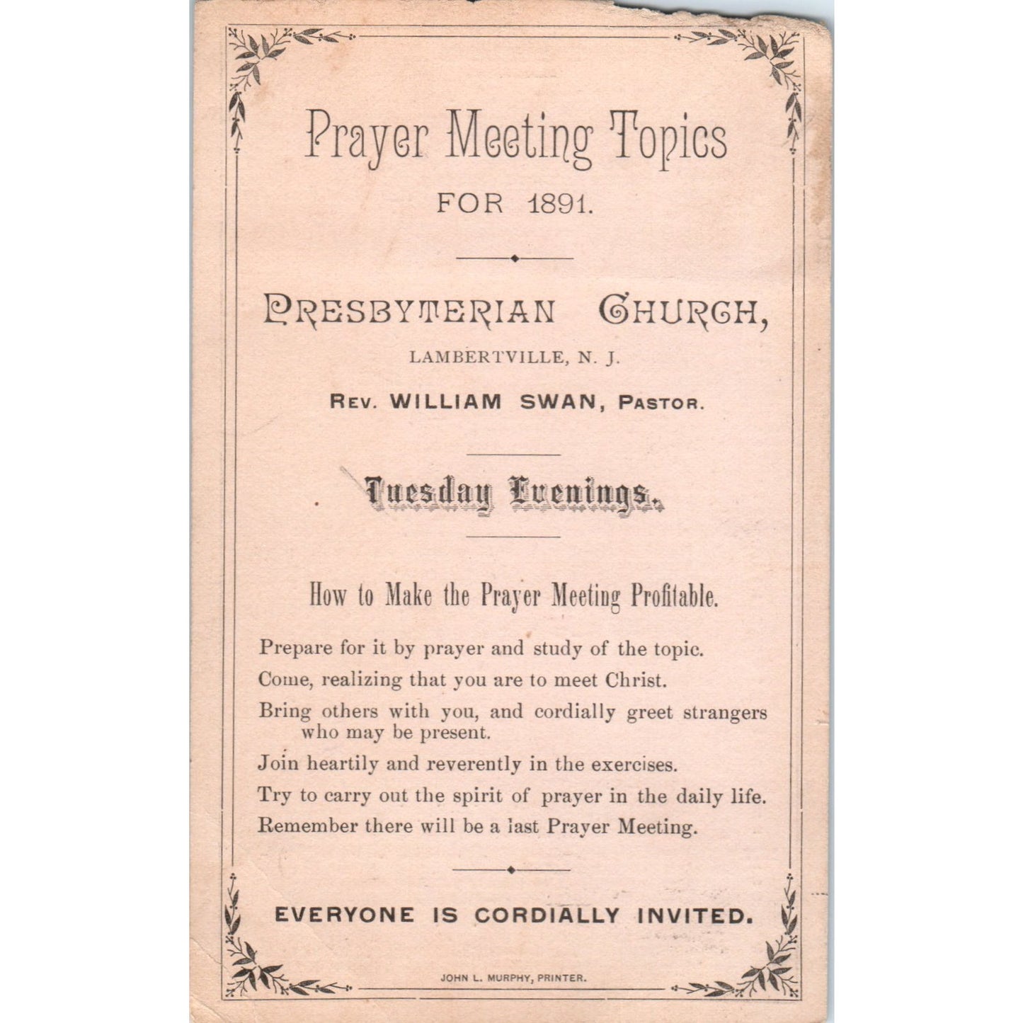 1891 Prayer Meeting Invitation - Lambertville NJ Church Rev William Swan AE6-SF1