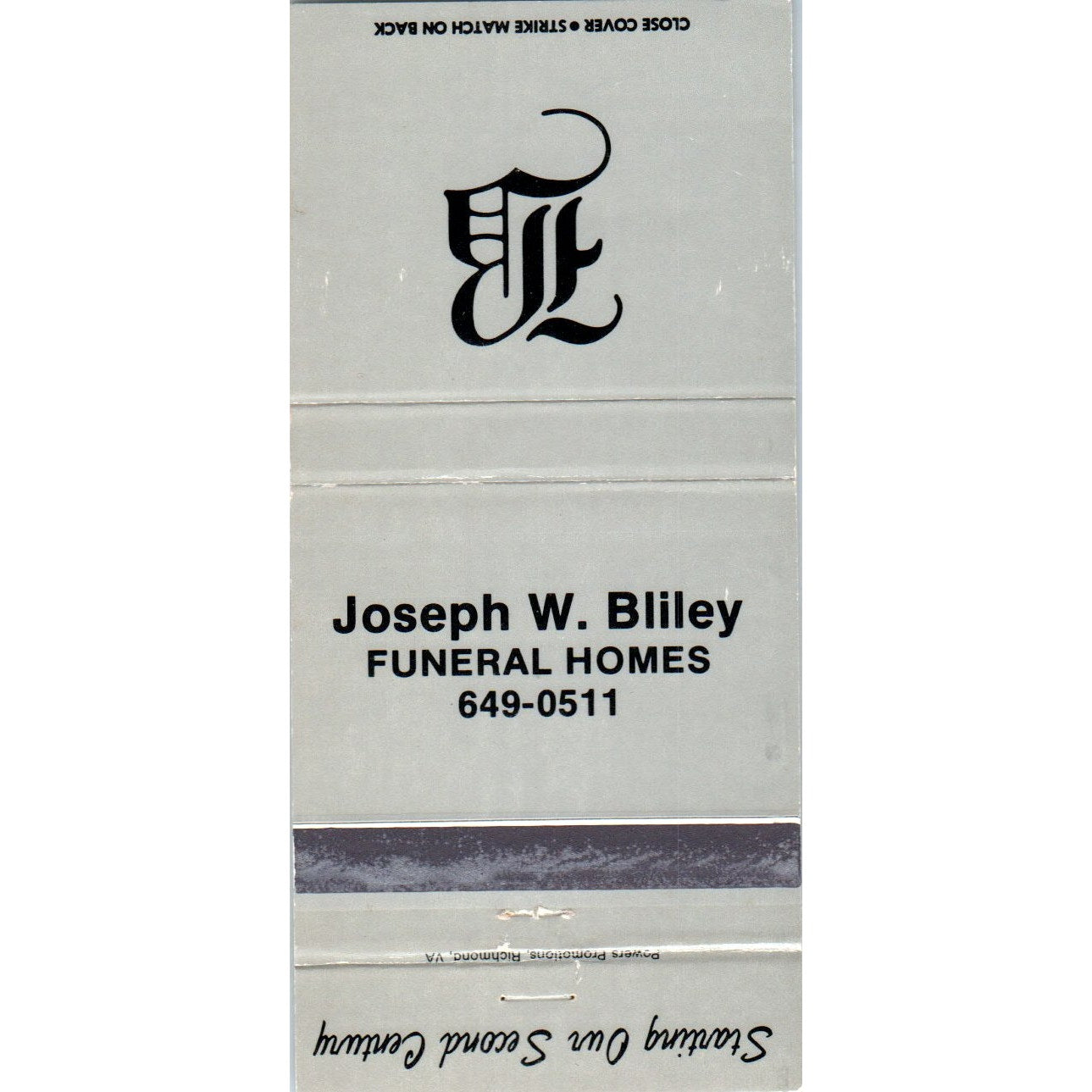 Joseph W. Bliley Funeral Homes Advertising Matchbook Cover MM9-7
