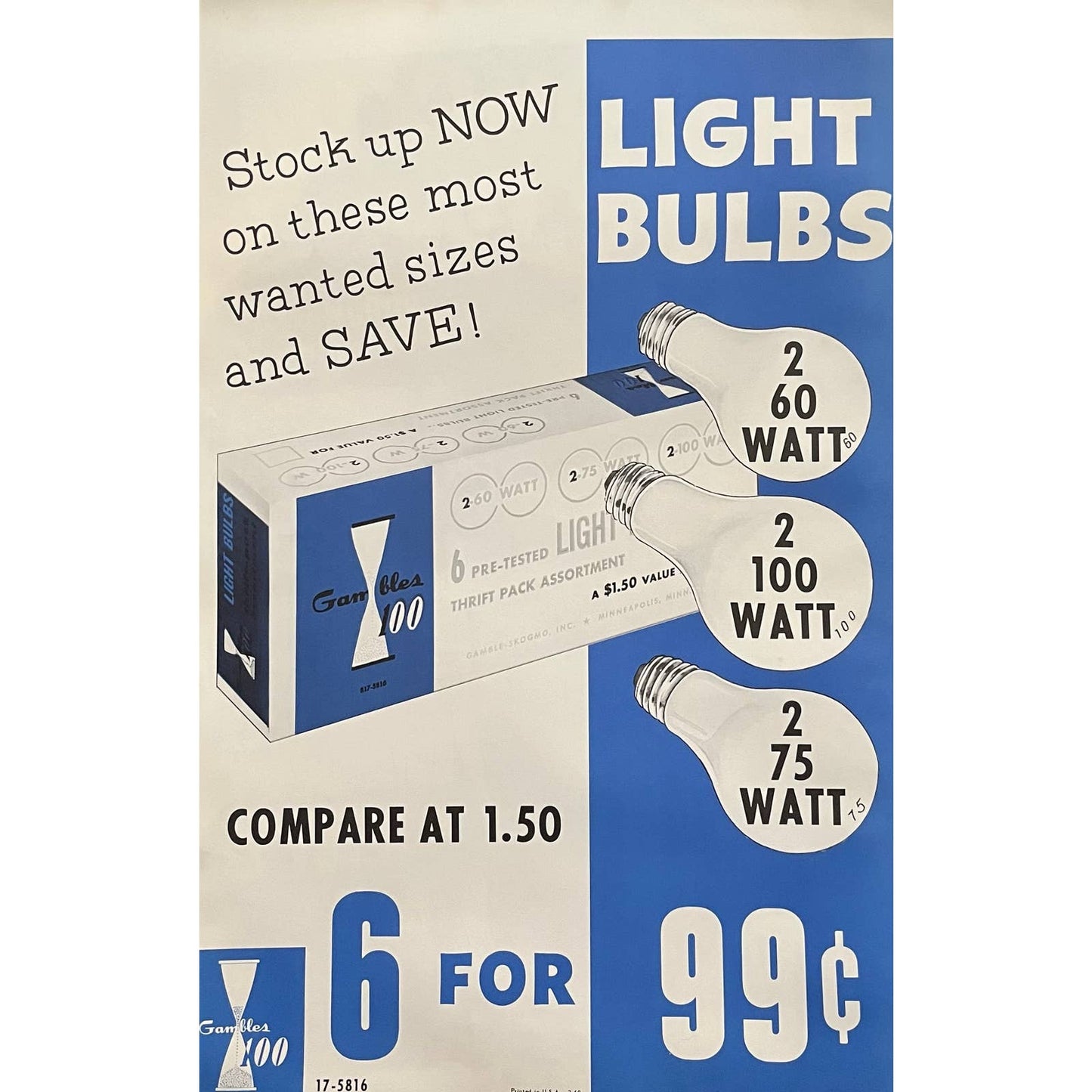 1960 Light Bulbs Gambles 100 Retail Store Display Advertising Poster 13.5x20