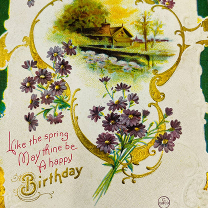 1910s Birthday Post Card Art Nouveau Dresden Embossed Cottage Scene Floral PA5