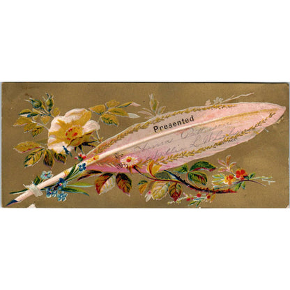 1880s Victorian Trade Card Reward of Merit Feather Pen Gilt Anna Patterson SF2