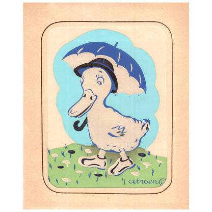 Vintage Textured Matted Art Print Duck with Umbrella Citroen ~8x10" AC9