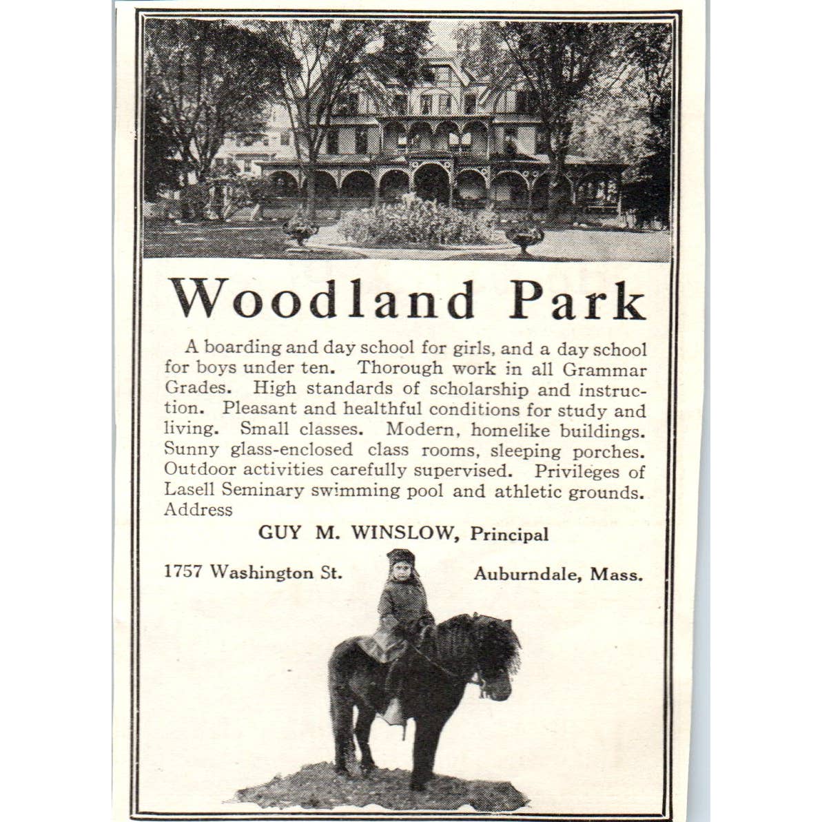 c1920 Harper's Ad - Woodland Park School for Boys Guy M. Winslow Auburndale EA3