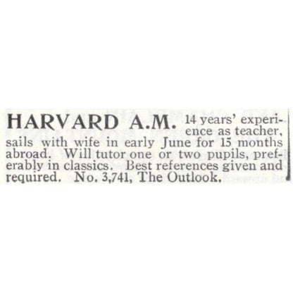 Harvard A.M. Tutoring - 1903 Original Ad TJ8-7-6