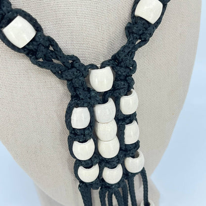 1970s Macrame Necklace Black and White Wood Bead SD2