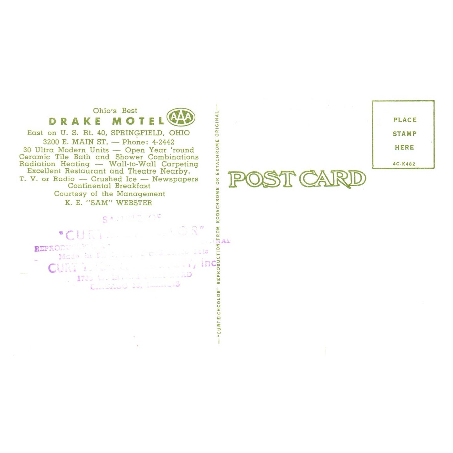 Vintage Postcard - Drake Motel Springfield Ohio K.E. Sam Webster TJ7-1