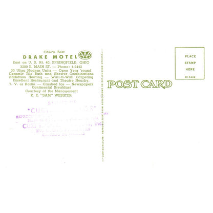 Vintage Postcard - Drake Motel Springfield Ohio K.E. Sam Webster TJ7-1