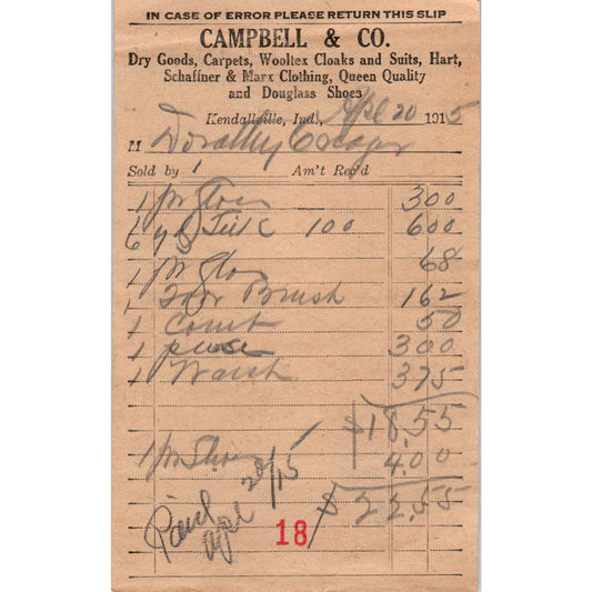 1915 Campbell & Co. Hart Schaffner & Marx Clothes Receipt Kendallville IN AD8-1