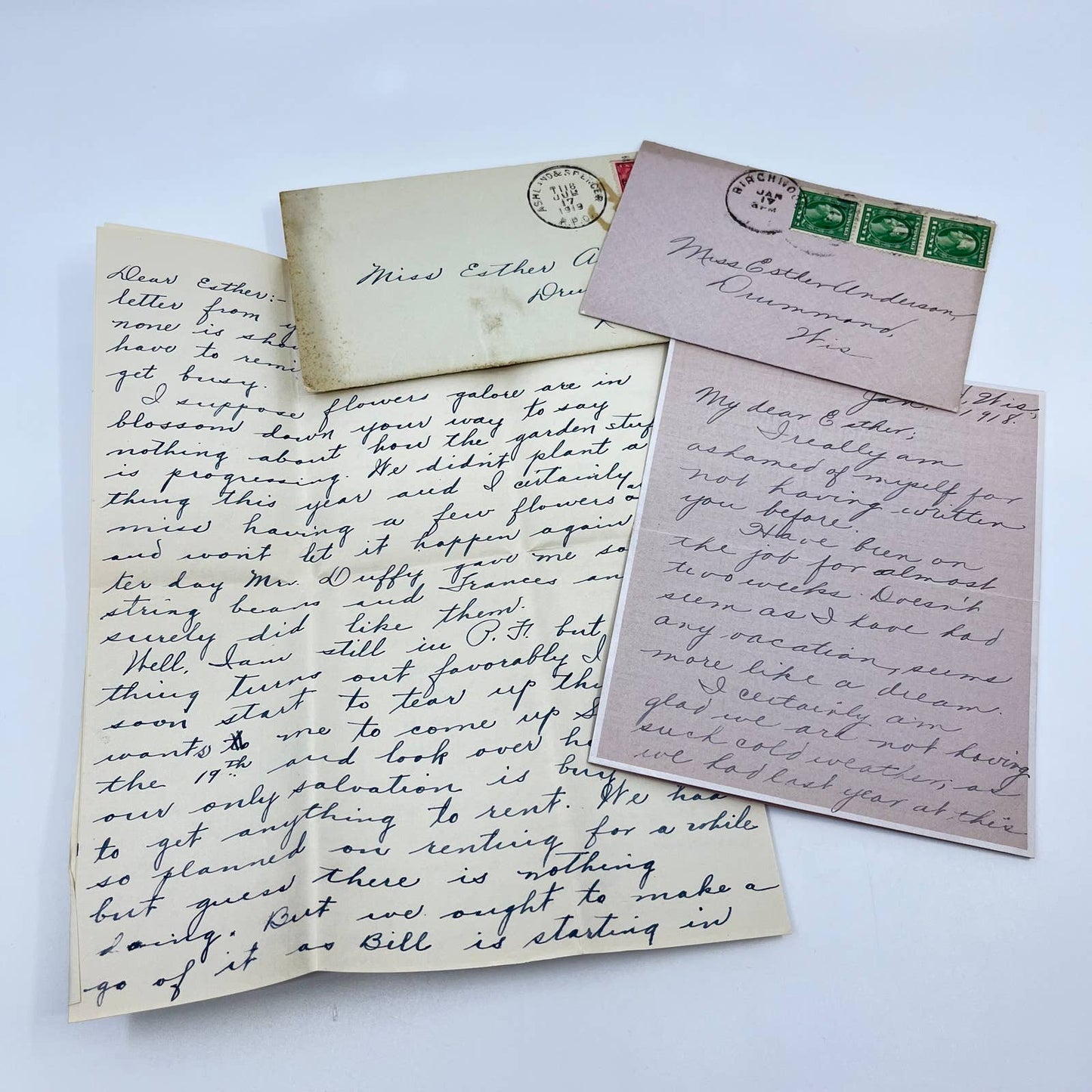 1918-19 Handwritten Letters & Envelopes Drummond WI Esther Anderson AB2