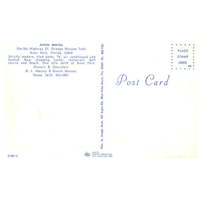 Vintage Postcard - Avon Motel Avon Park FL K.L. & Gussie Massey TJ6-1