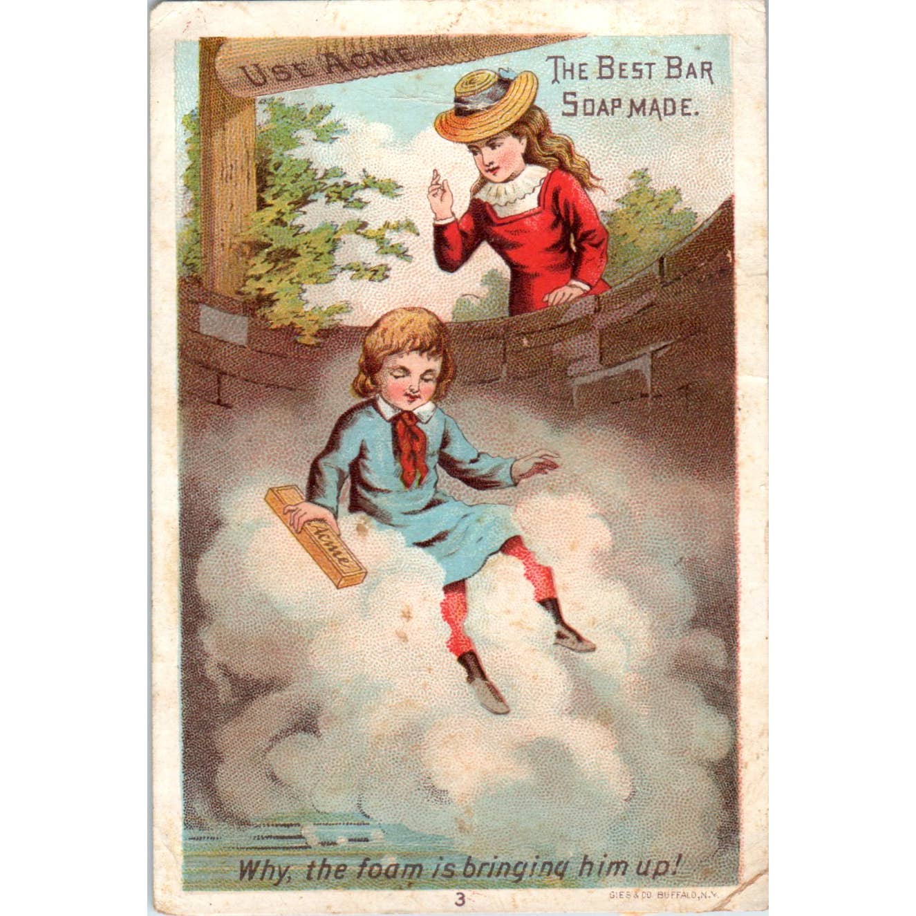 1880s Victorian Trade Card Acme Bar Soap Foaming Raising Boy Out Of Well SF2