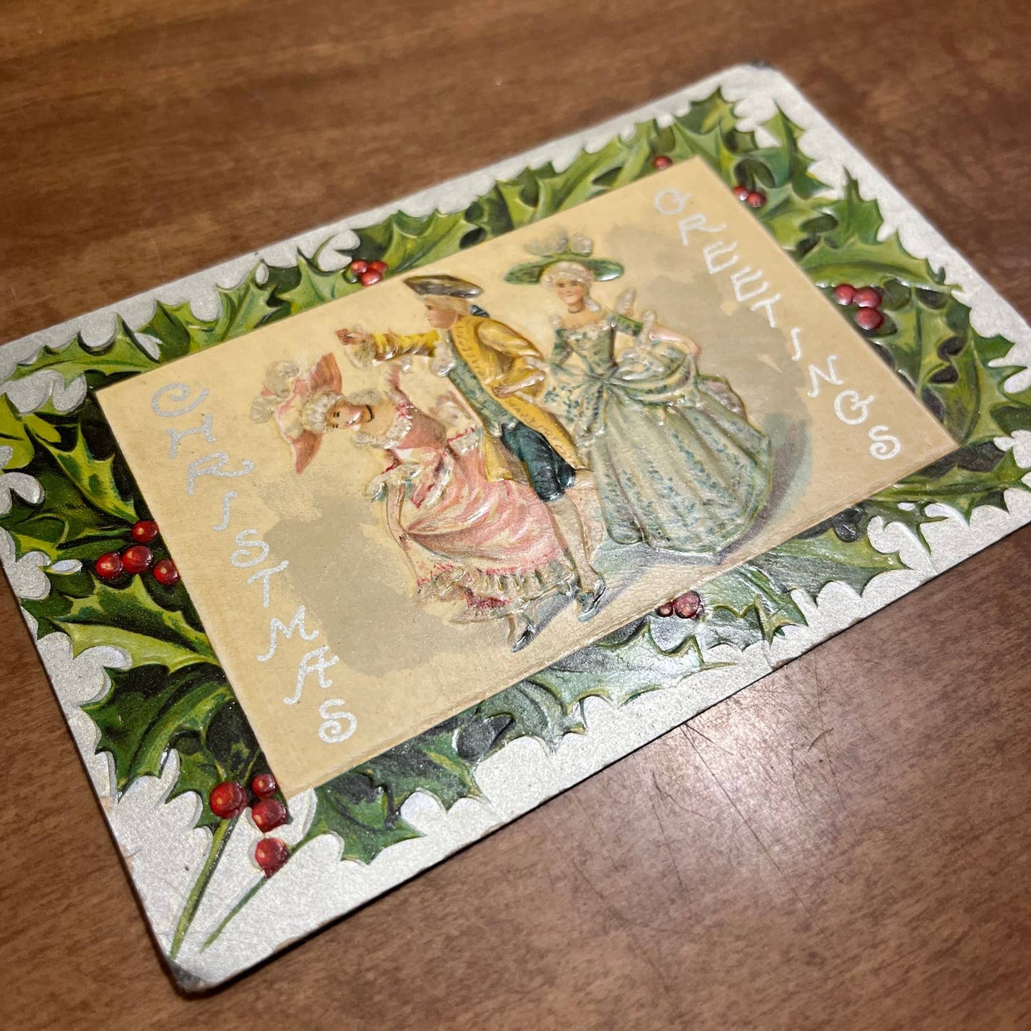c1900 Embossed Silver Holly Edwardian Holly Christmas Greetings Postcard PA2