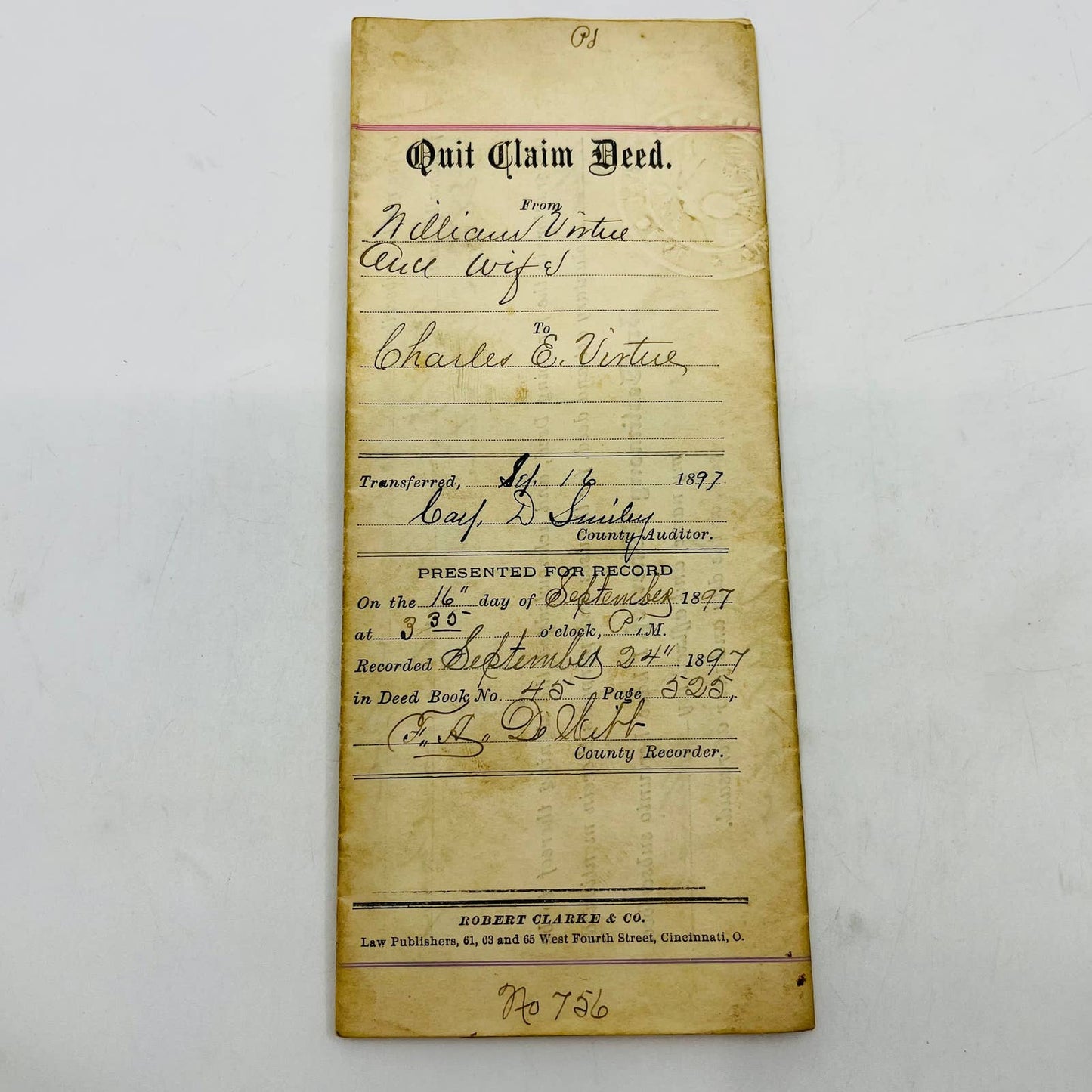 1897 Quit Claim Deed Charles E. Virtue Cincinnati Ohio C12