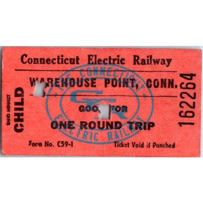 Vintage Connecticut Electric Railway Warehouse Point Child Round Trip Ticket SE5