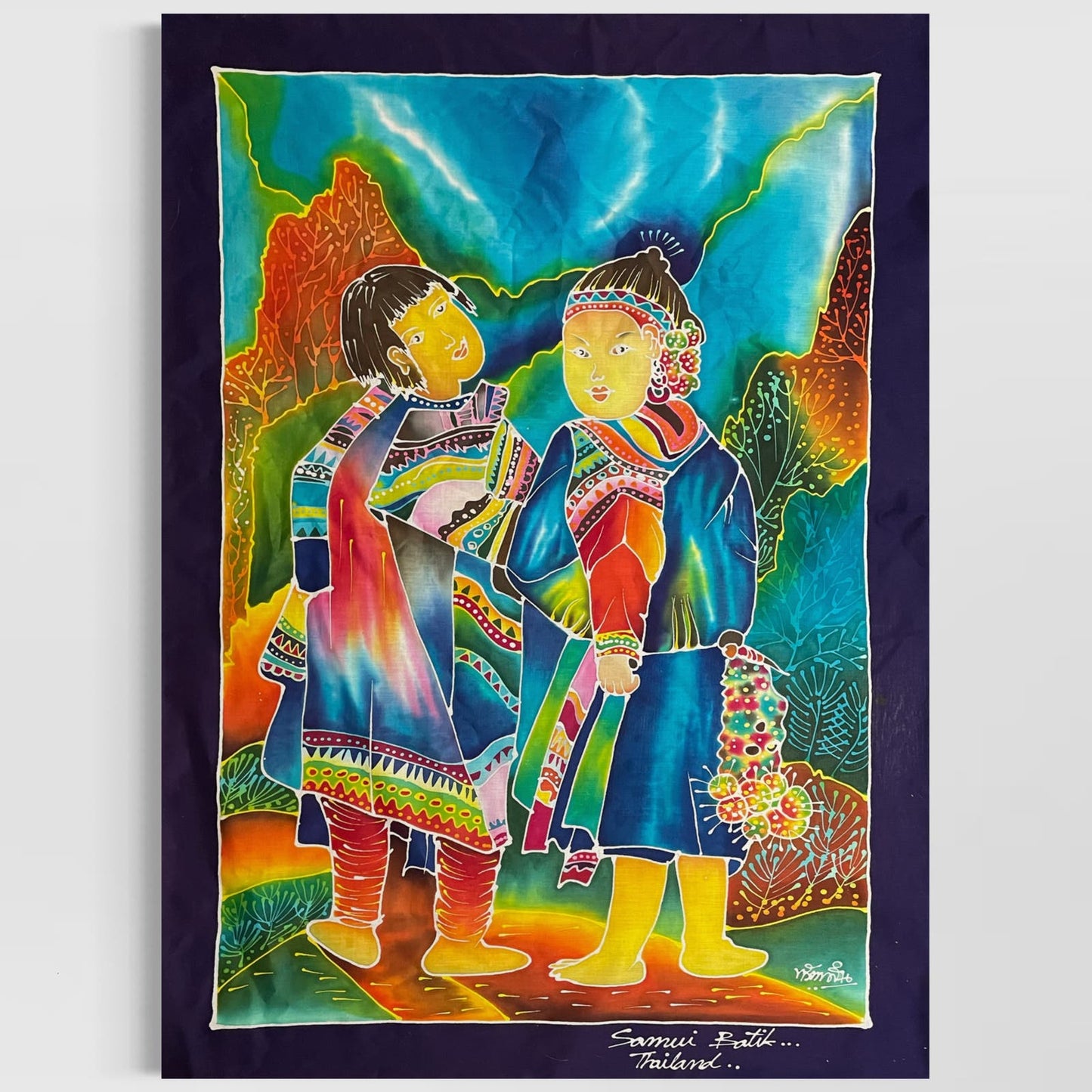 Original LARGE Hand Painted Samui Batik Figural Art Panel Thailand 43x31