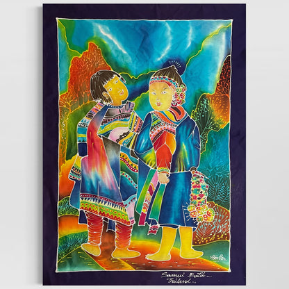 Original LARGE Hand Painted Samui Batik Figural Art Panel Thailand 43x31