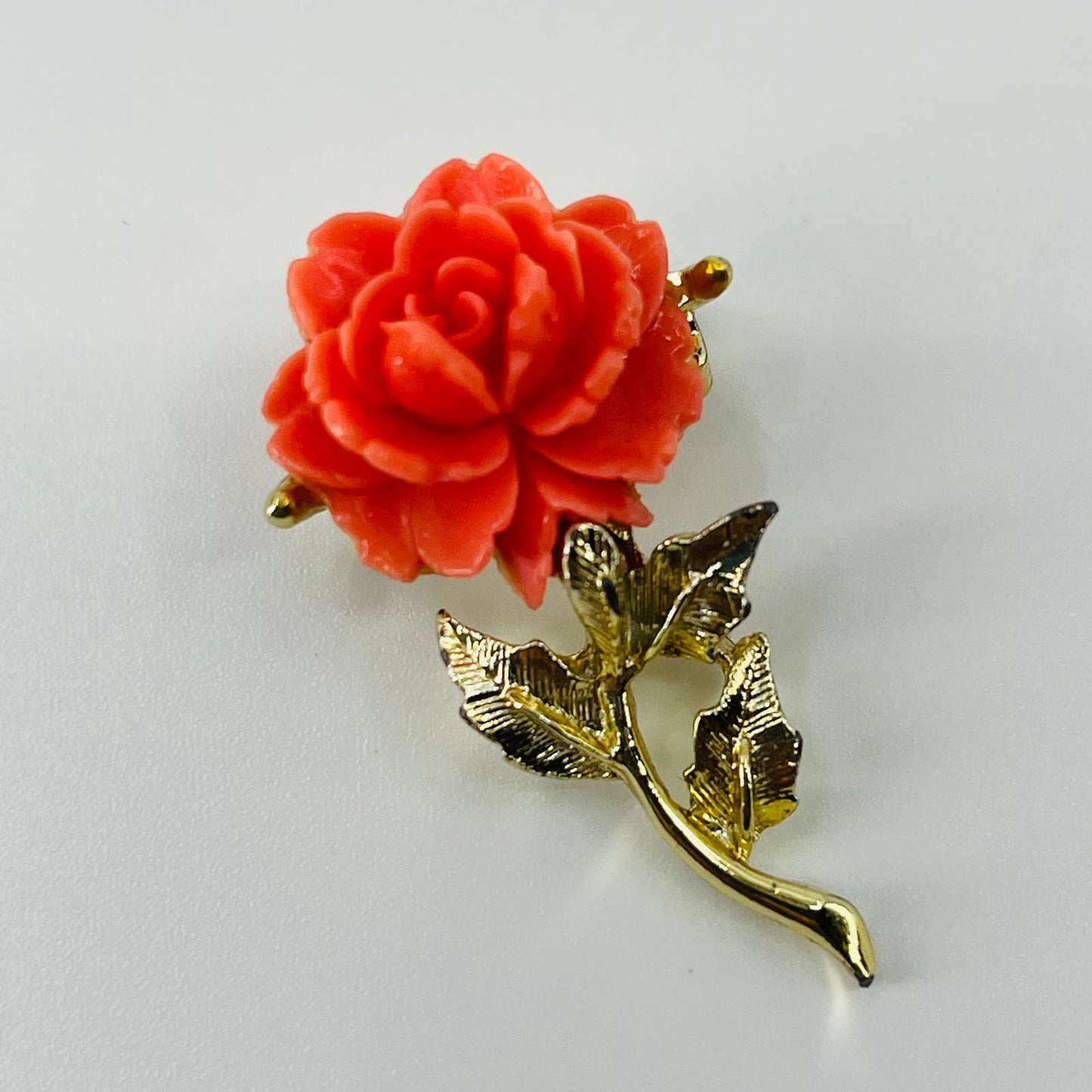 1930s Art Deco Coral Color Flower Brooch Gold Tone Stem and Leaves Set of 2 SA6
