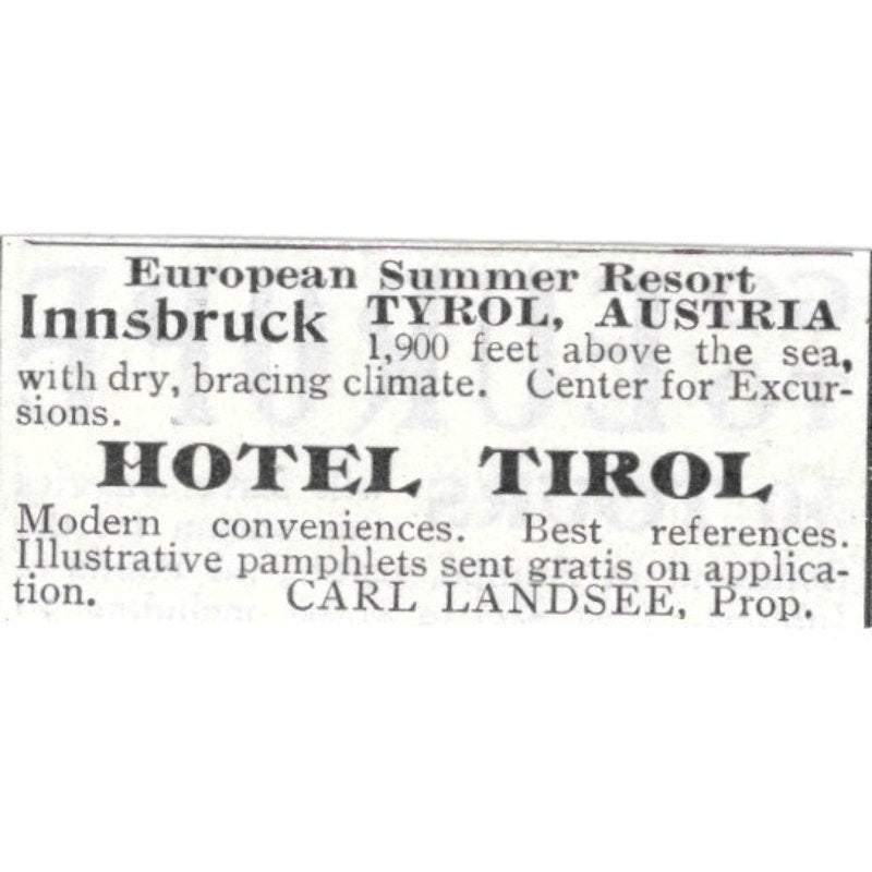 Hotel Tirol Innsbruck Austria Carl Landsee - 1903 Original Ad AK5-S32