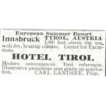 Hotel Tirol Innsbruck Austria Carl Landsee - 1903 Original Ad AK5-S32