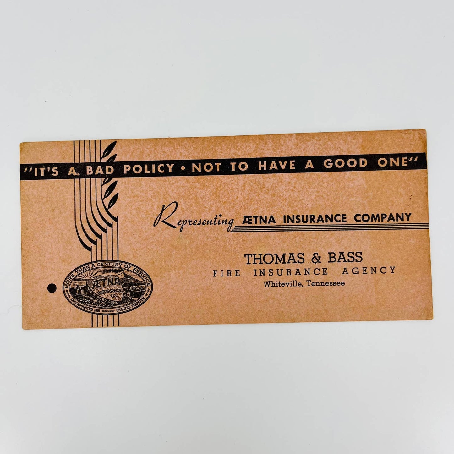 Vintage Ink Blotter Card Ætna Insurance Company Thomas & Bass Whiteville TN C1