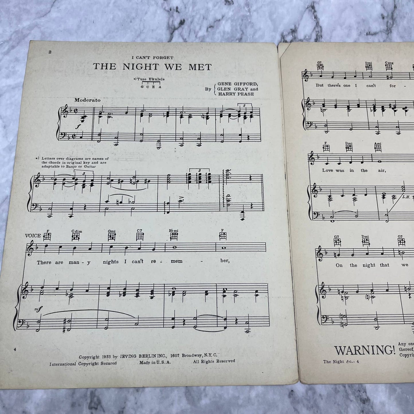 1933 I Can’t Forget the Night We Met Sheet Music Glen Gray Gifford Pease TI1