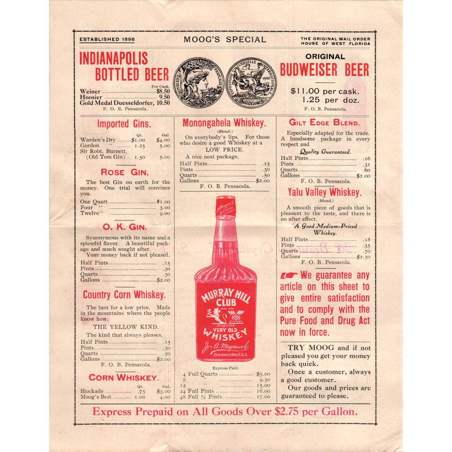 c1900 Alfred Moog's Special Mail Order Liquor Catalog Leaflet Pensacola FL AD6